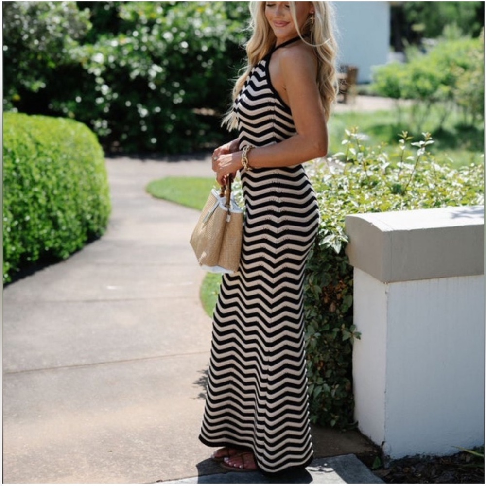 Miou Muse Knitted Black and Tan Striped Chevron Halter Knitted Maxi Dress S